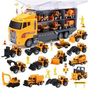 25 in 1 Construction Trucks Push and Go Car Carrier Truck Toy, Play Vehicles